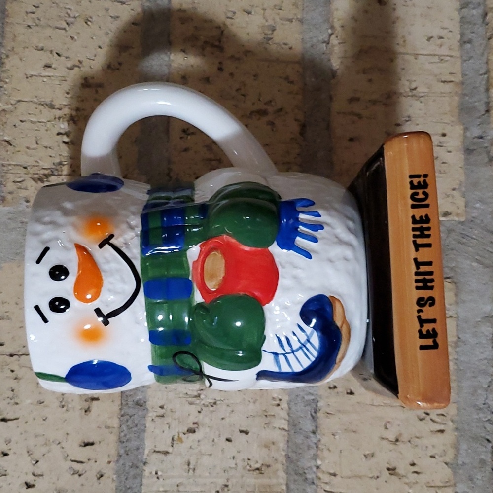 Smiling Snowman with Ice Skate and Cup of Cocoa Mug